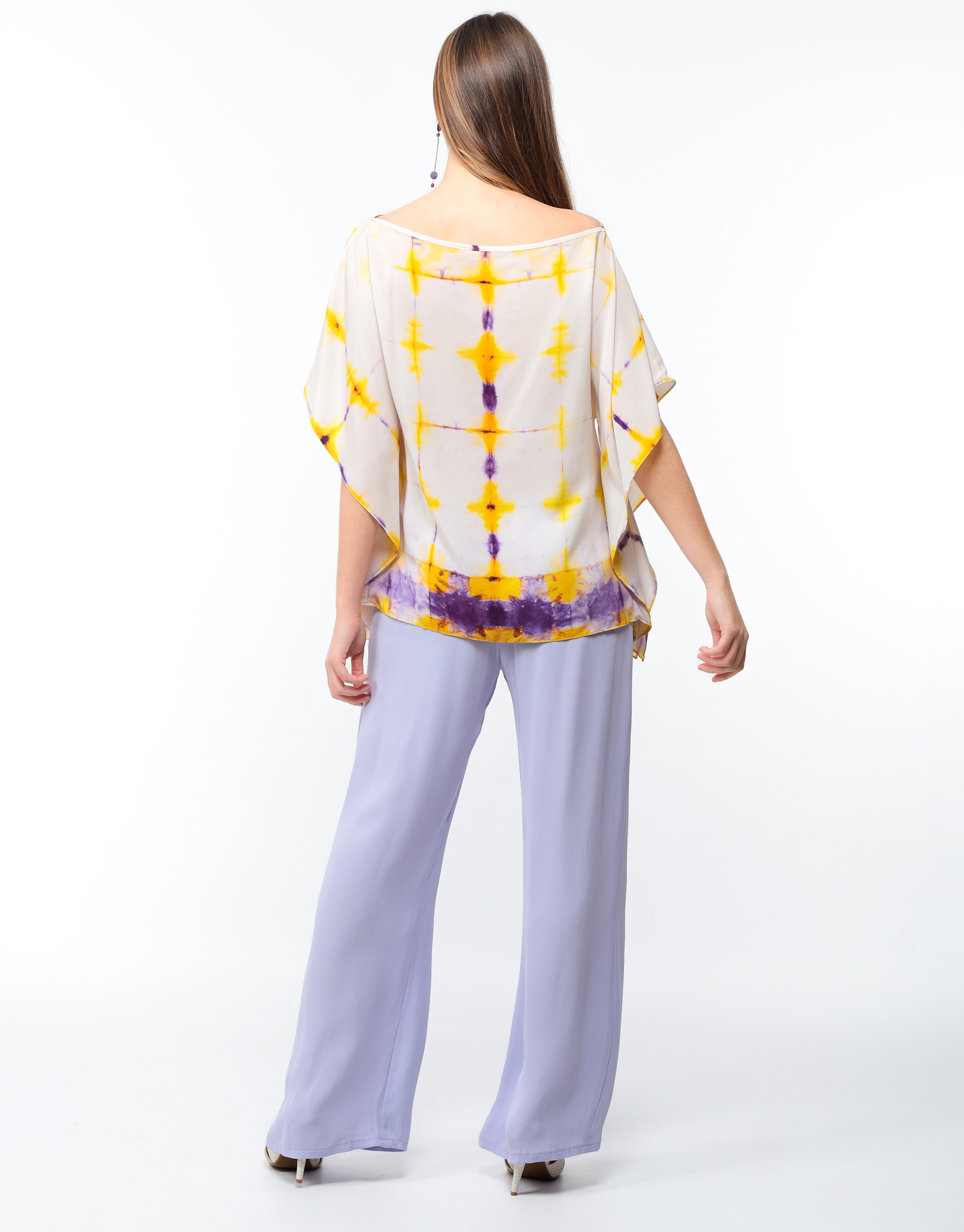 Fluid tunic butterfly effect crepe georgette printed tie and dye yellow and purple